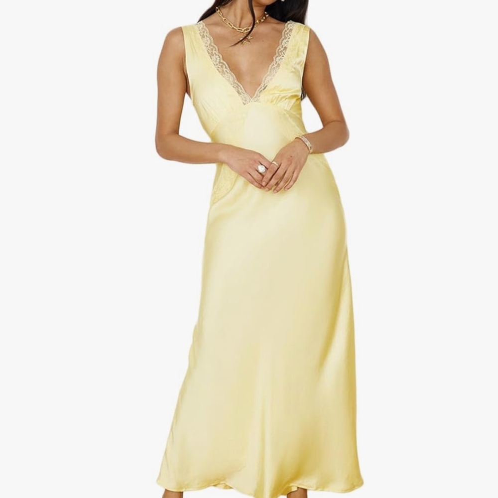 BAGONE Summer Butter Yellow Satin Lace V Neck Midi Dress